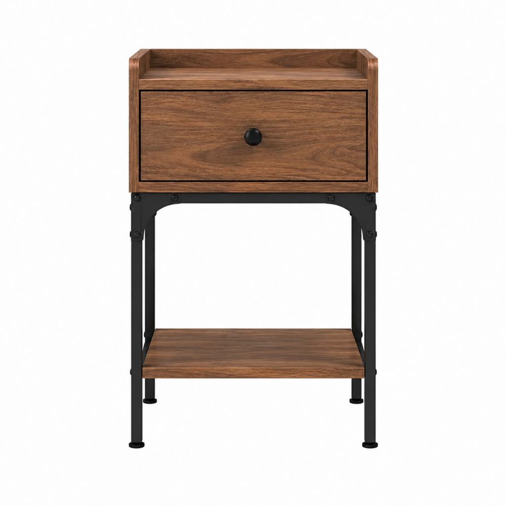 Nachttisch Braun mit schwarzem Stahlgestell 1 Schublade 1 Ablage 40 x 35 x 65 cm