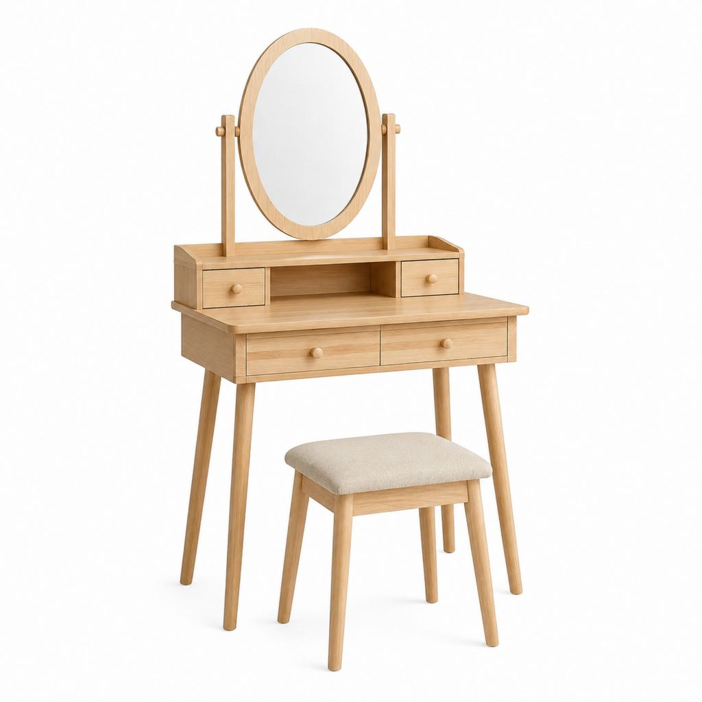 Schminktisch Set mit Hocker naturfarbenes Gummibaum-Massivholz ovaler Spiegel 80 × 40 × 140 cm