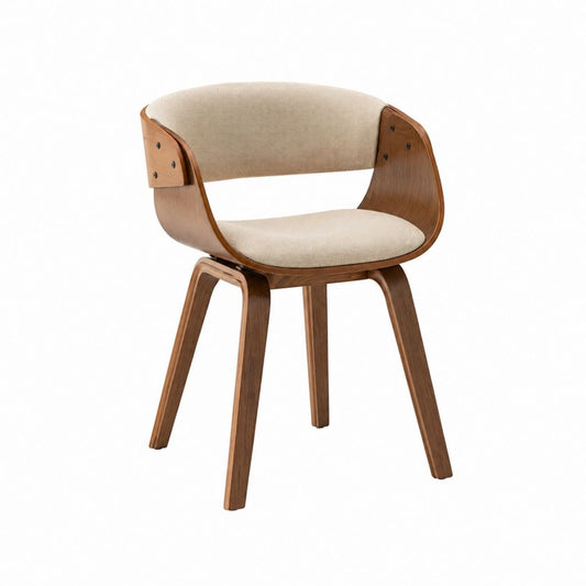 Esszimmerstuhl mit Armlehnen Beige aus Polyester und walnussfurniertem Schichtholz 56 x 56 x 80 cm
