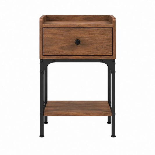 Nachttisch Braun mit schwarzem Stahlgestell 1 Schublade 1 Ablage 40 x 35 x 65 cm