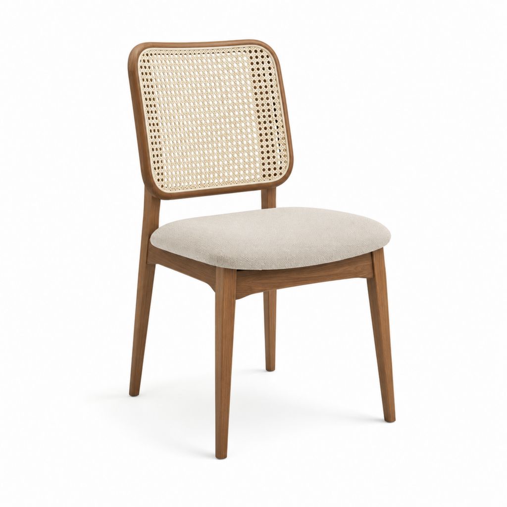 Esszimmerstuhl Walnussfarben aus Gummibaumholz mit Rattan Rückenlehne und Polyester Sitzpolster 48 x 55 x 82 cm