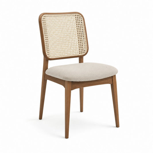Esszimmerstuhl Walnussfarben aus Gummibaumholz mit Rattan Rückenlehne und Polyester Sitzpolster 48 x 55 x 82 cm