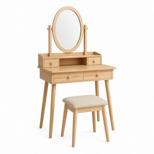 Schminktisch Set mit Hocker naturfarbenes Gummibaum-Massivholz ovaler Spiegel 80 × 40 × 140 cm