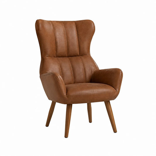 Ohrensessel Hochlehner braun aus PU-Kunstleder mit Massivholzbeinen 75 x 82 x 105 cm