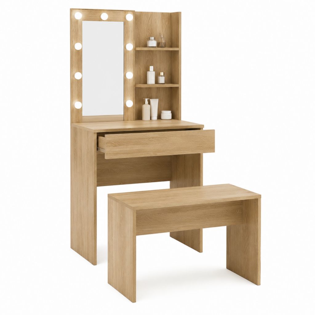 Schminktisch Set eichefarben aus Spanplatte rechteckig mit LED-Spiegel 80 x 40 x 140 cm