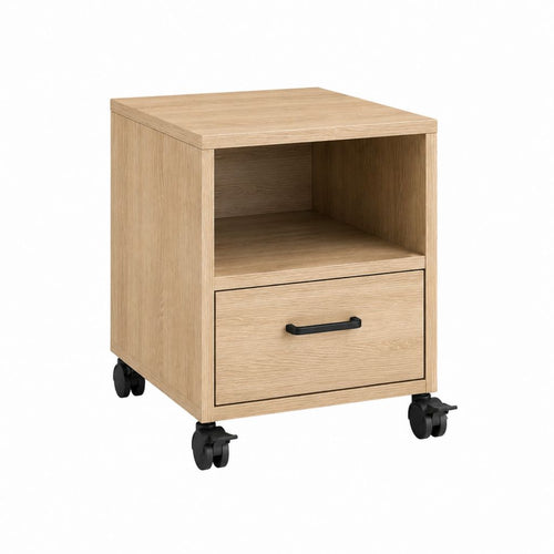 Nachttisch auf Rollen Eichenoptik aus melaminharzbeschichteter Spanplatte mit Schublade und offenem Fach 40 x 40 x 55 cm
